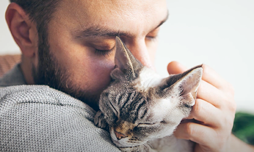 man holding a cat and touching his face to the cat